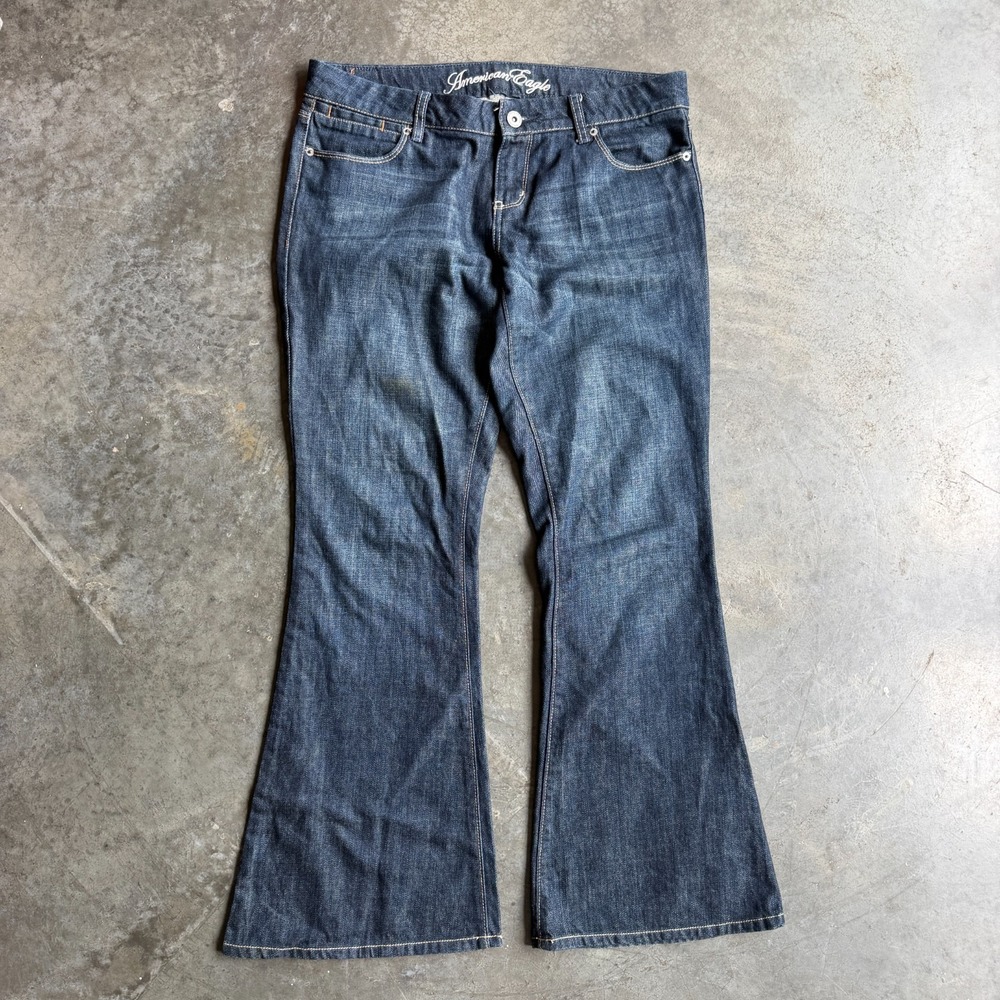 American Eagle Womens 10 Real Flare Jeans Low Rise Blue Stretch Denim AE 34x30